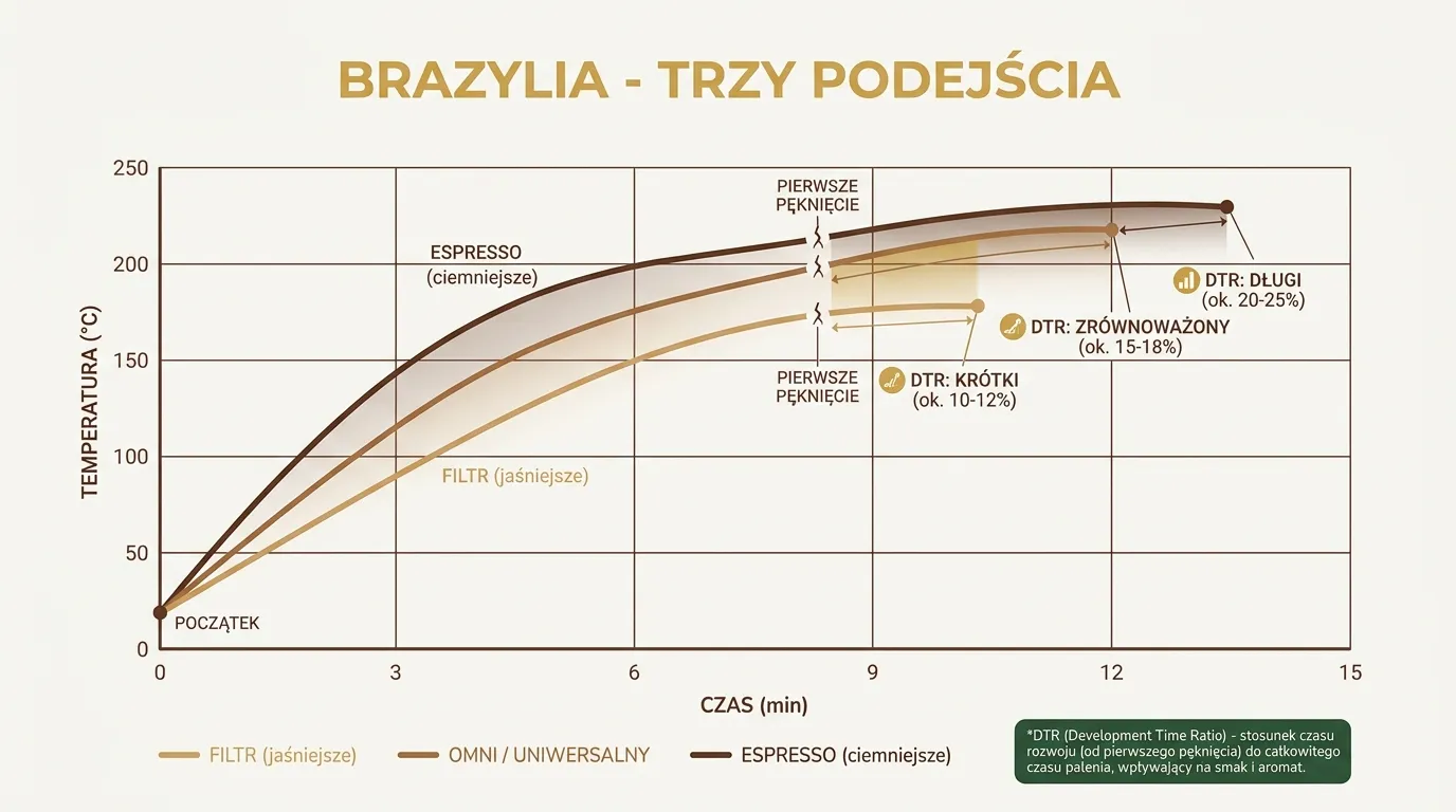 Trzy różne profile palenia brazylijskiej kawy na tym samym sprzęcie — porównanie krzywych temperatury i ich wpływ na smak końcowy