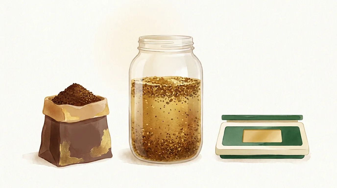 Zestaw do cold brew: słoik, grubo zmielona kawa, woda i waga