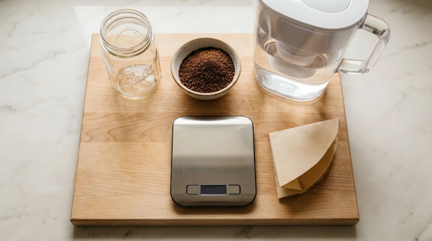 Zestaw do cold brew — słoik, grubo zmielona kawa, woda, waga kuchenna