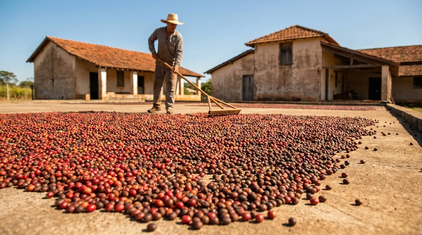Owoce kawy suszące się na patio w Brazylii — przetwarzanie natural daje słodki, pełny profil