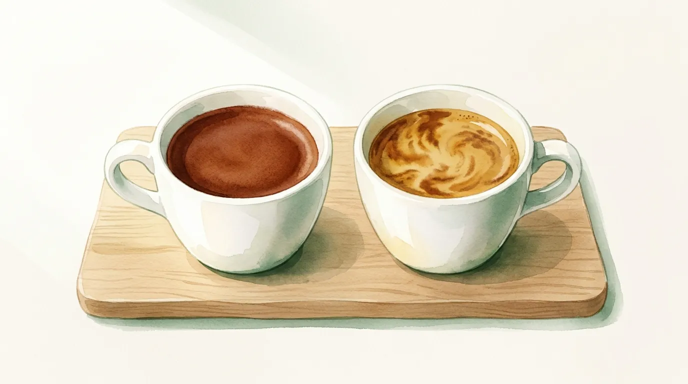 Dwie filiżanki espresso na jasnym blacie, jedna z ciemną, grubą cremą z robusty, druga z jaśniejszą cremą w tygrysie paski
