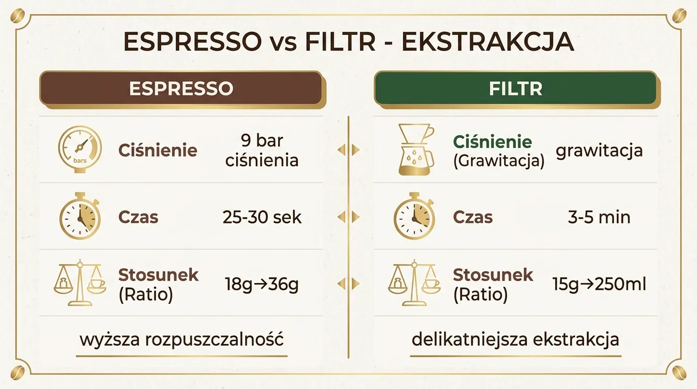 Schemat ekstrakcji pod ciśnieniem w ekspresie automatycznym — strumień wody przez sprasowaną dawkę kawy