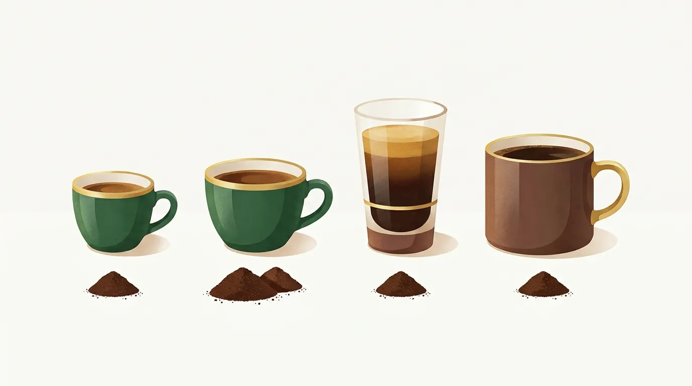Espresso, doppio, lungo i americano w rzędzie, pod każdym kopczyk zmielonej kawy, pod doppio podwójny