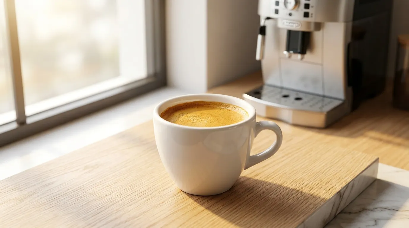 Shot espresso z gęstą cremą — espresso ma 8-12% TDS, ale mniej kofeiny niż filtrowana kawa