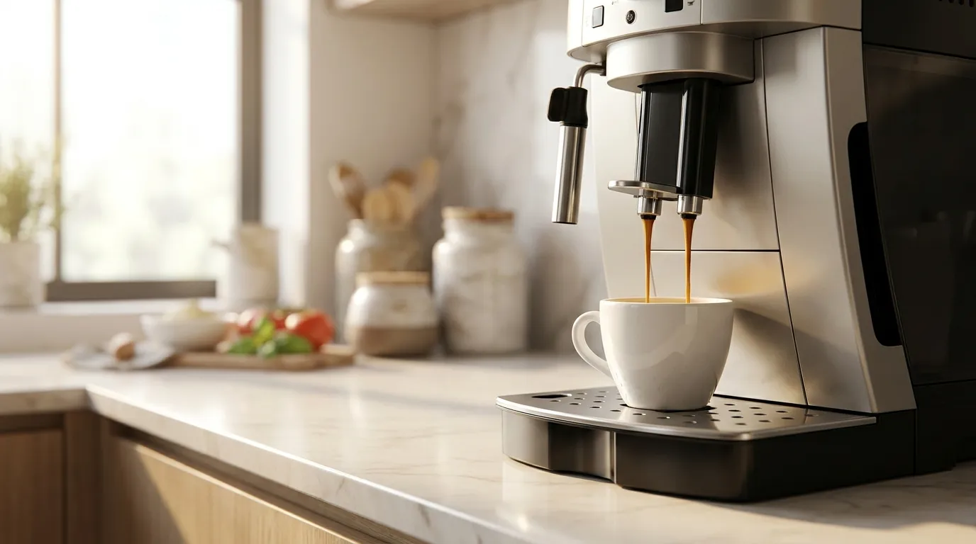 Espresso z ekspresu automatycznego — gęsta crema, ciemny strumień, biała filiżanka