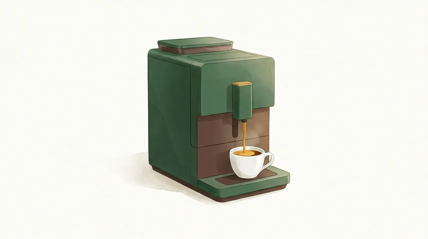 Espresso z ekspresu automatycznego: gęsta crema, ciemny strumień, biała filiżanka