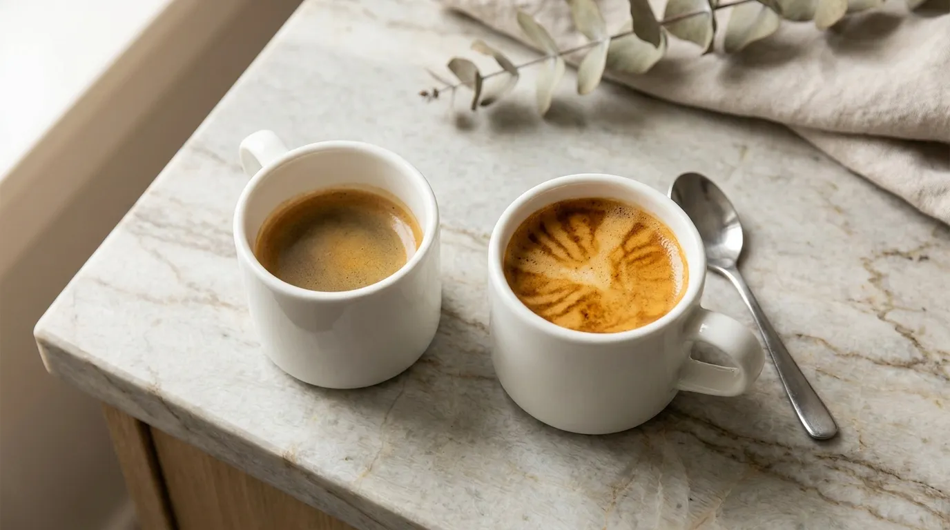 Dwa shoty espresso obok siebie — porównanie cremy i koloru
