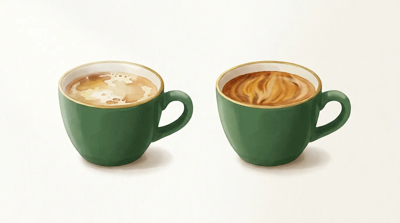 Dwa espresso obok siebie: cienka, blada crema i gęsta, orzechowa