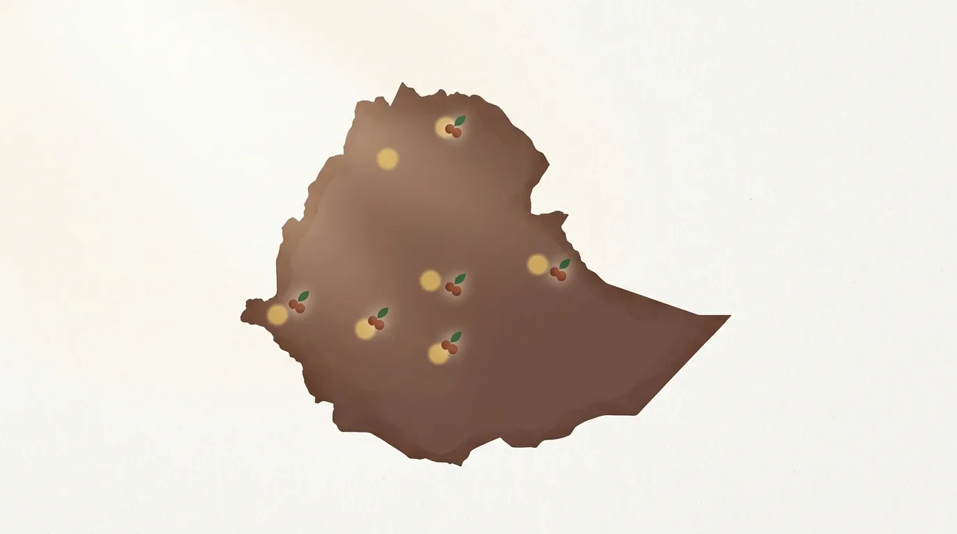Mapa Etiopii z zaznaczonymi regionami kawowymi