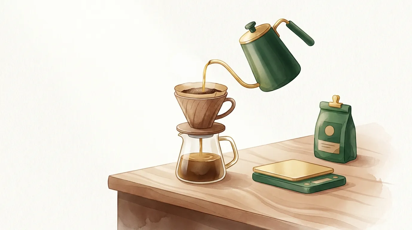 Drip V60 na szklanej karafce, do którego wlewana jest woda z czajnika z długą szyjką, obok mała paczka kawy i waga, parzenie kawy premium metodą przelewową