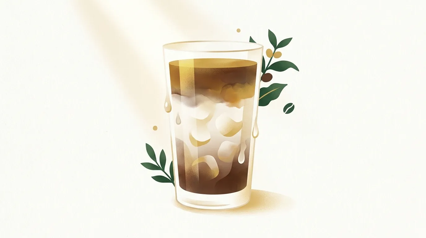 Iced latte z wyraźnymi warstwami: zimne mleko, lód i espresso