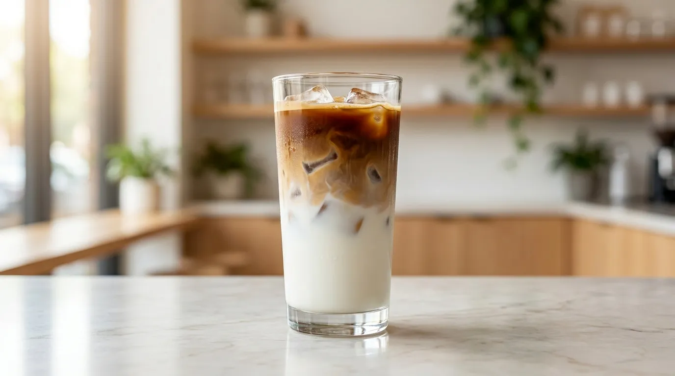Iced latte z wyraźnymi warstwami — espresso, zimne mleko i lód w wysokiej szklance