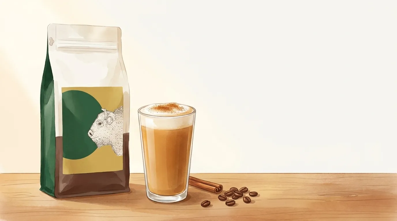 Paczka kawy CRAFTBE Troskliwy Żubr obok szklanki pumpkin spice latte z pianką i cynamonem na drewnianym blacie