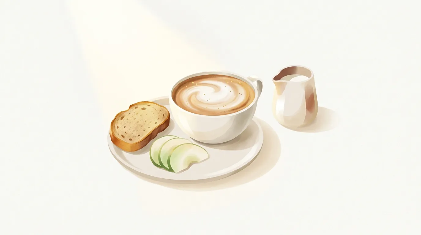 Cappuccino z gładką pianką mleczną na talerzu obok kromki pełnoziarnistego chleba i plasterków jabłka, obok dzbanuszek mleka w porannym świetle