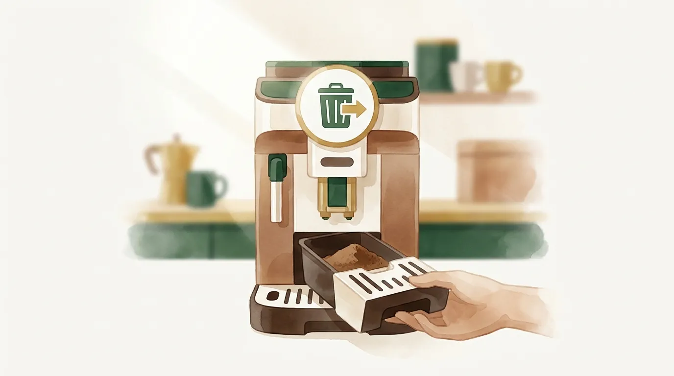 Ekran ekspresu DeLonghi Magnifica Evo z ikoną pojemnika na fusy i strzałką wskazującą wyjęcie tacki, dłoń wysuwa tackę z pojemnikiem
