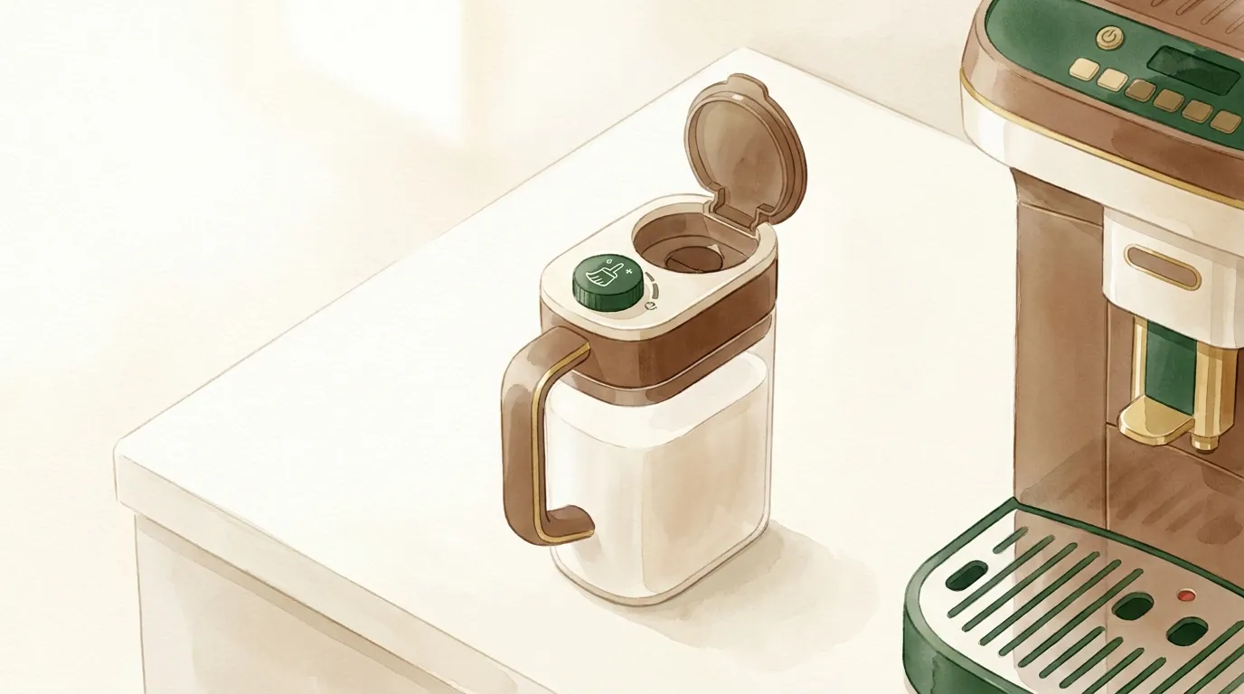 Karafka LatteCrema ekspresu DeLonghi Magnifica Evo z pokrętłem ustawionym w pozycji czyszczenia i rozłożoną pokrywą