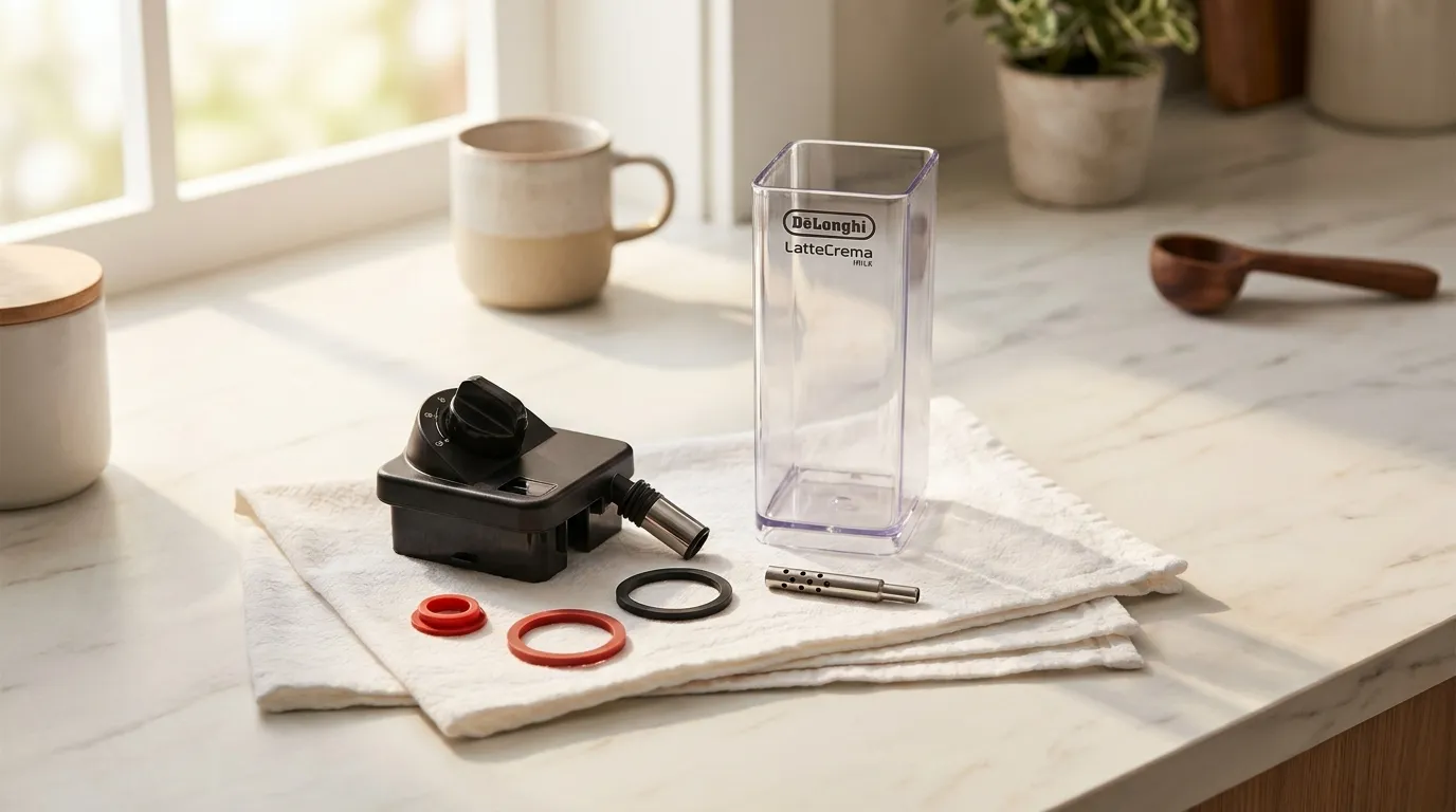 Rozłożony system mleka ekspresu DeLonghi Magnifica Evo — karafka LatteCrema, dysza i otwory na powietrze