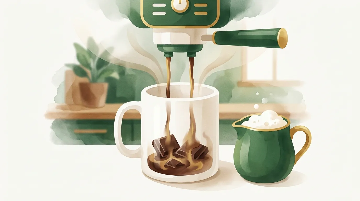 Kawałki gorzkiej czekolady rozpuszczające się na dnie kubka zalewanego espresso z wylewki ekspresu, obok dzbanek spienionego mleka