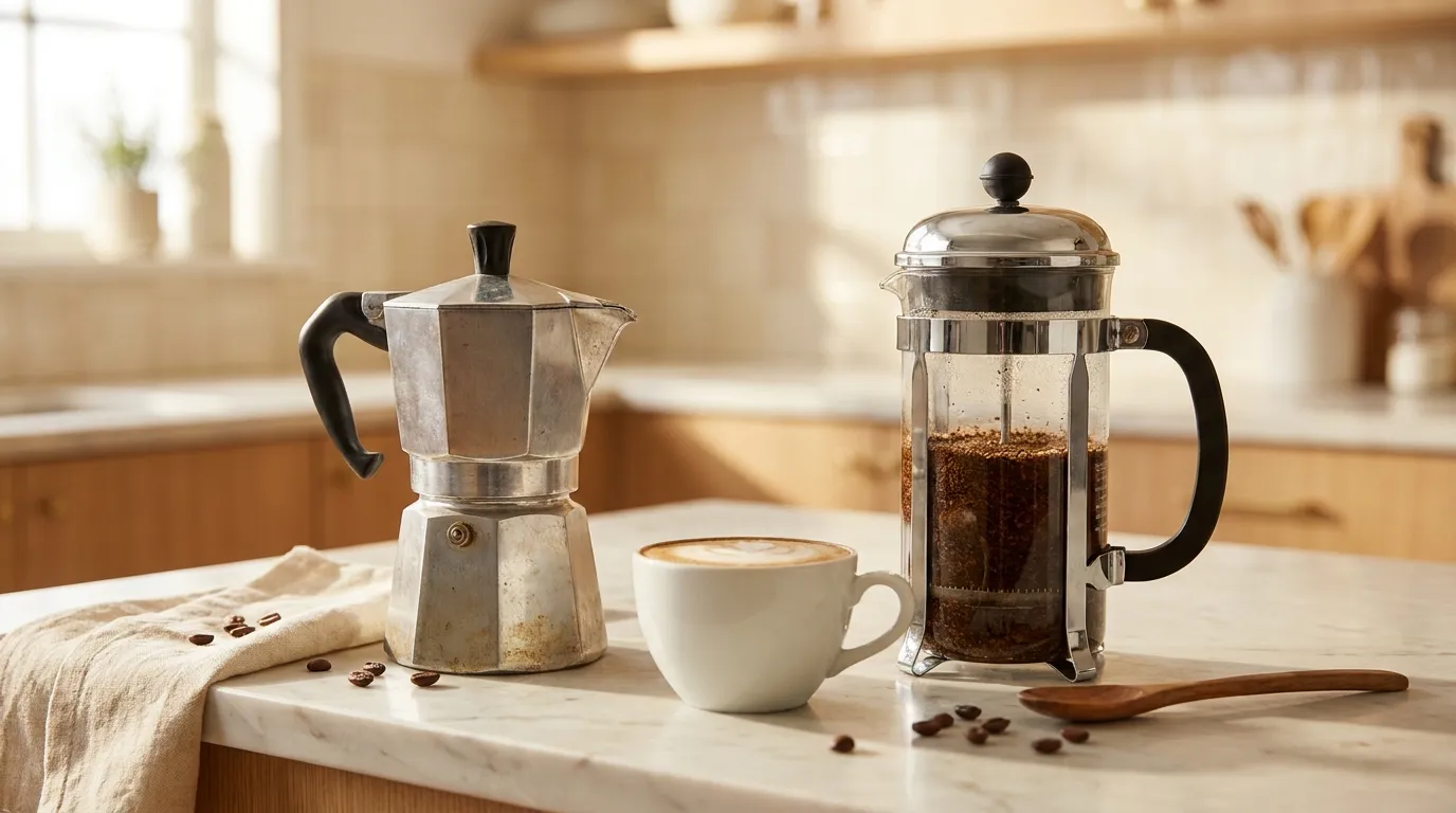 Kawiarka Bialetti Moka Express i French Press na marmurowym blacie — zestaw do domowego cappuccino