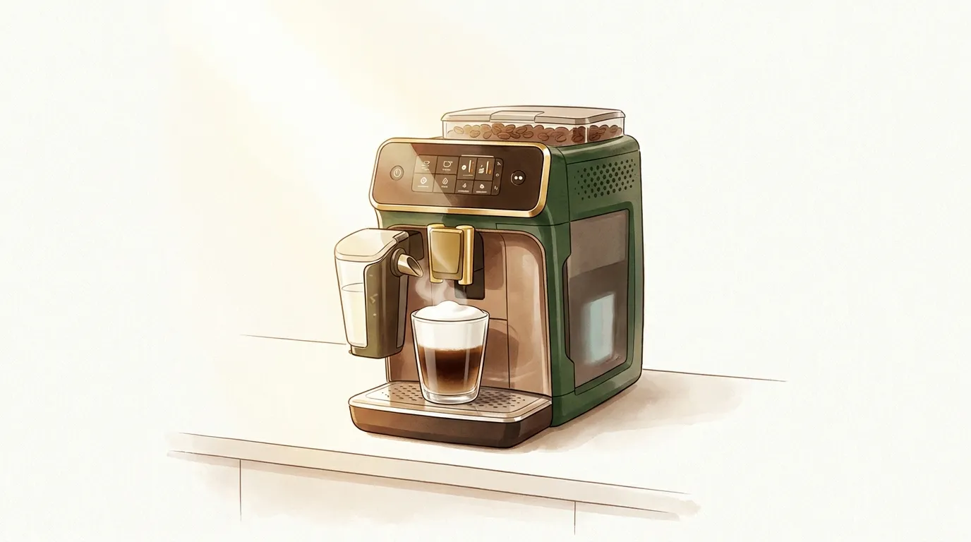 Ekspres Philips LatteGo 5400 przygotowuje cappuccino z gęstą pianką mleczną w szklance na kuchennym blacie
