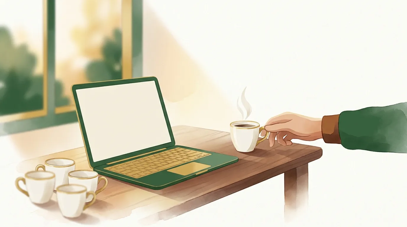 Dłoń sięgająca po piątą filiżankę espresso na biurku obok laptopa, cztery puste filiżanki ustawione obok w popołudniowym świetle