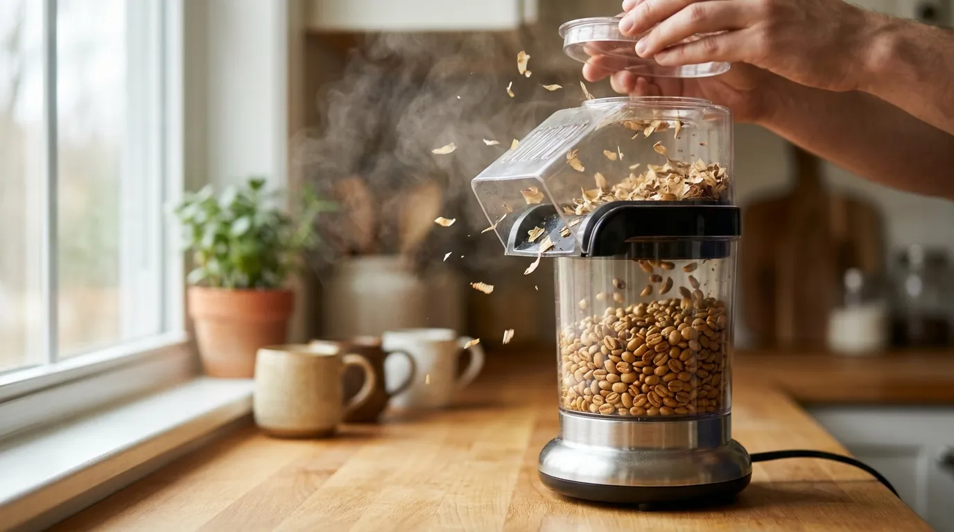 Popcorn popper z ziarnami kawy w środku — typowy setup home roastera na start