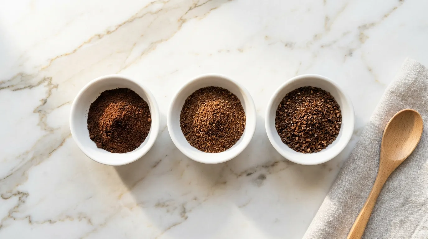 Trzy miseczki z kawą mieloną o różnej grubości — espresso, moka i filtr