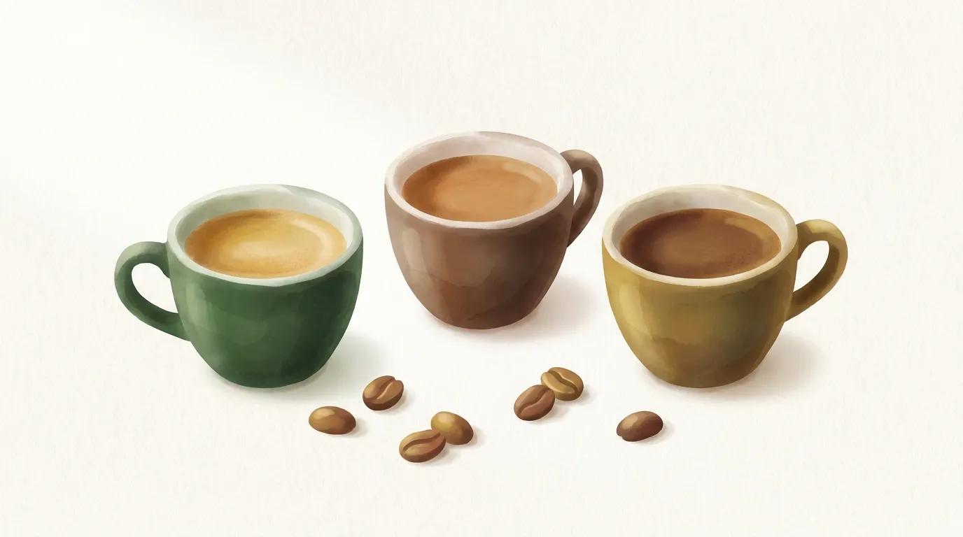 Trzy filiżanki espresso w rzędzie o różnej barwie cremy, symbolizujące trzy profile smaku z tego samego ziarna