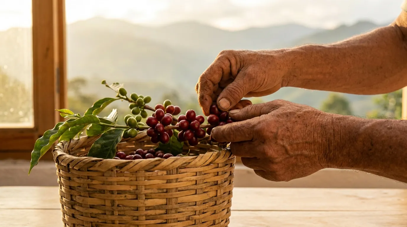 Ręczny zbiór dojrzałych wiśni kawowych na kolumbijskiej farmie — tylko czerwone owoce trafiają do kosza
