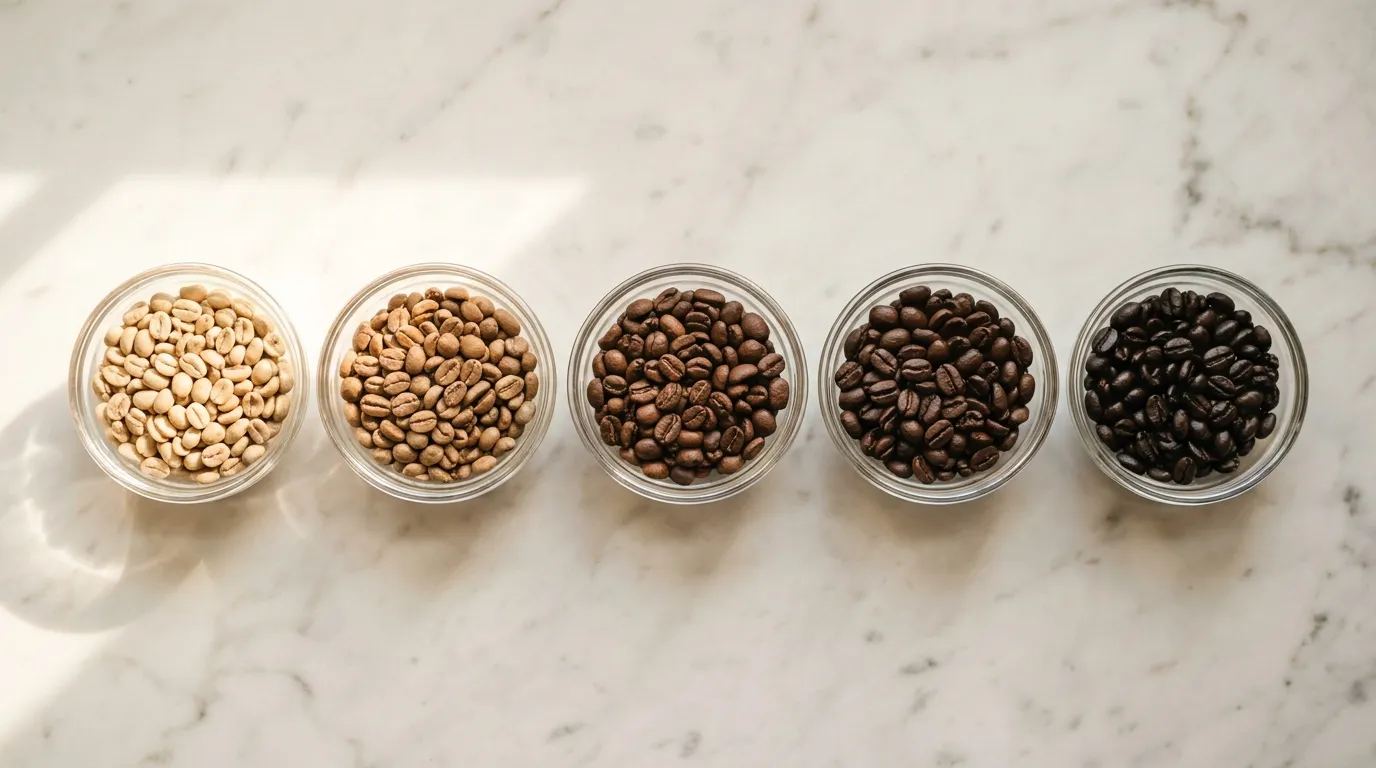 Skala stopni palenia kawy — od jasnego przez średnie po ciemne z wartościami Agtron