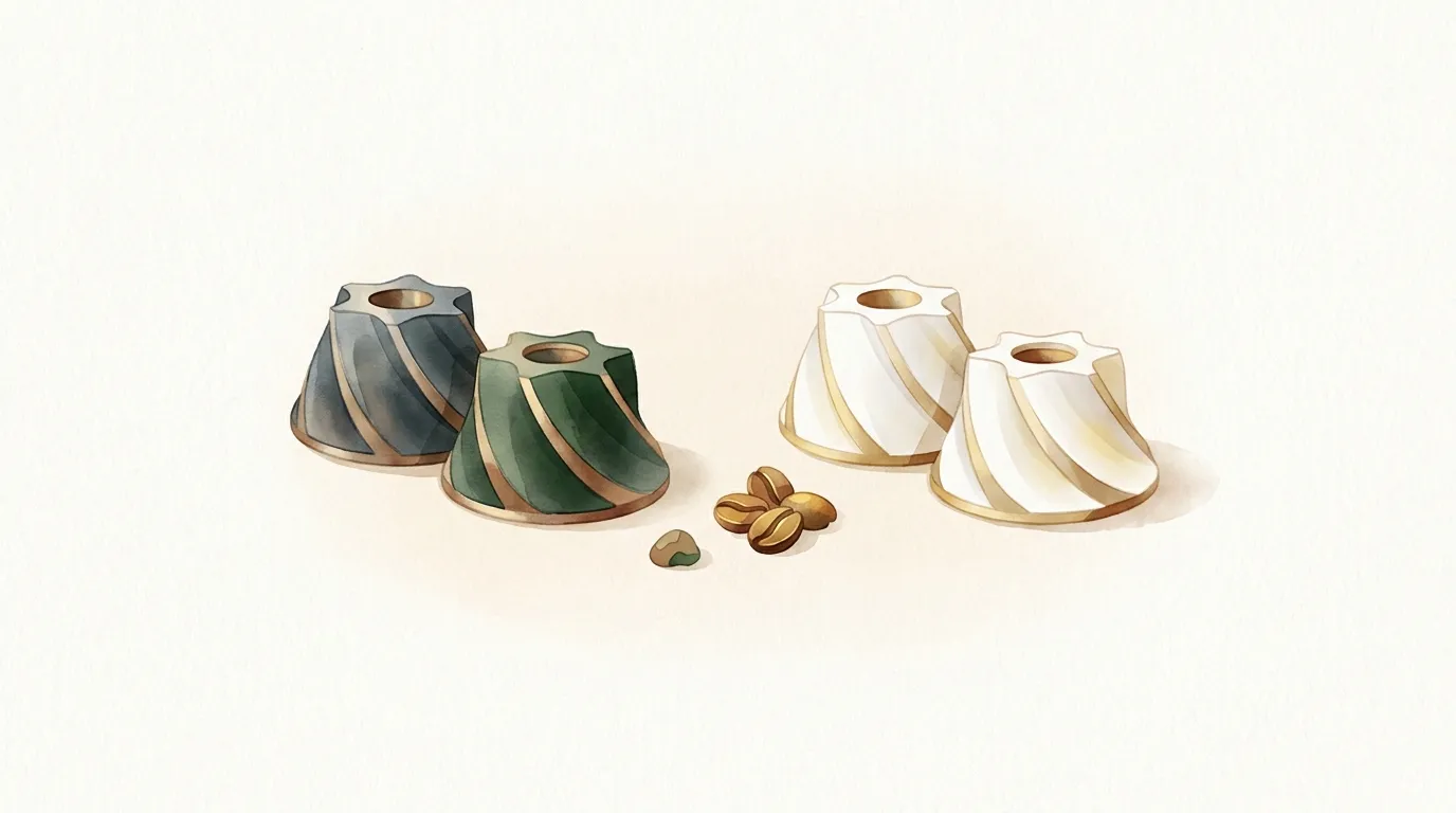 Stalowe i ceramiczne żarna stożkowe obok siebie na jasnym blacie, między nimi kilka ziaren kawy i jeden mały kamyk