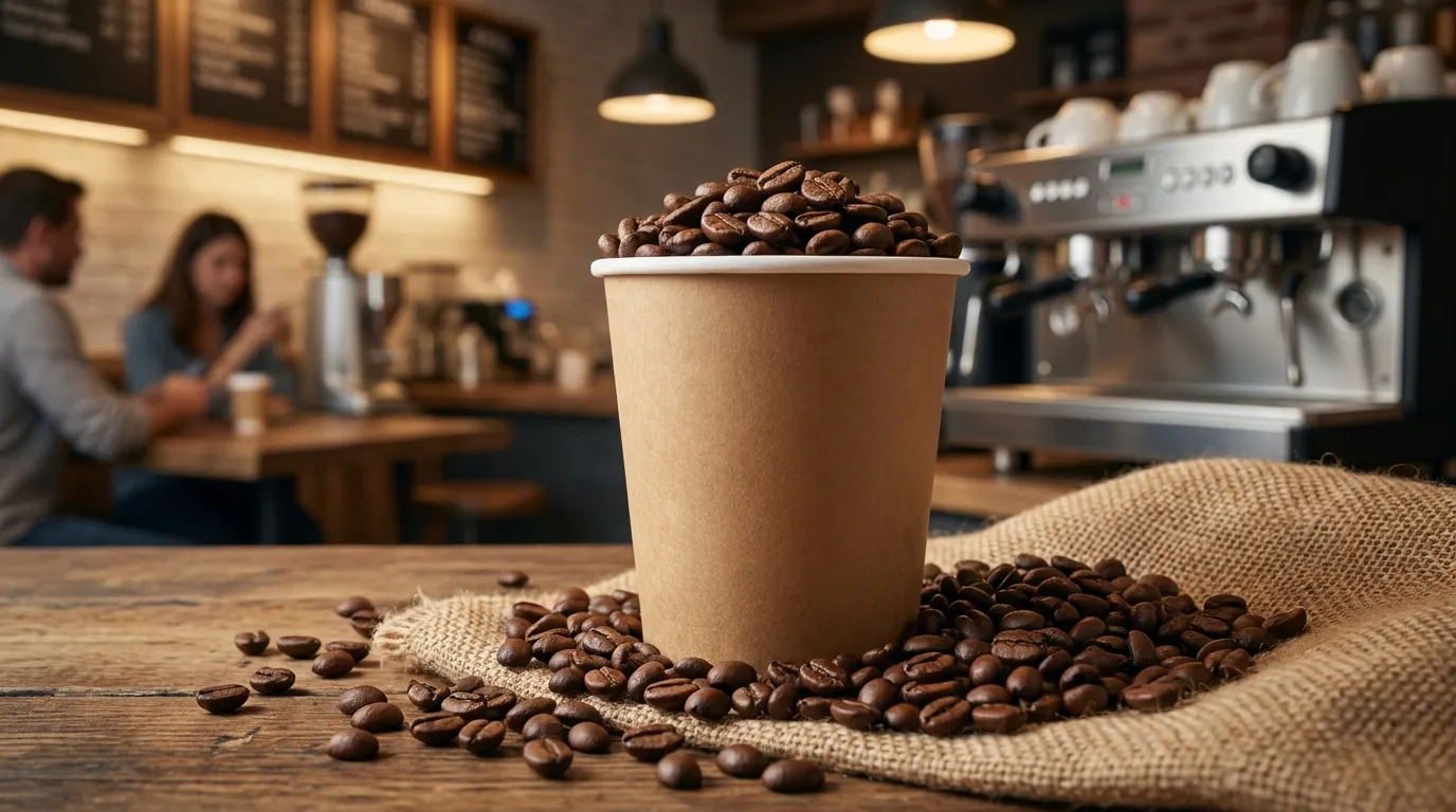 Kawiarnia w stylu Starbucks — ciemno palona kawa jako sygnał premium, zielony papierowy kubek, sieciowa estetyka lat 2000