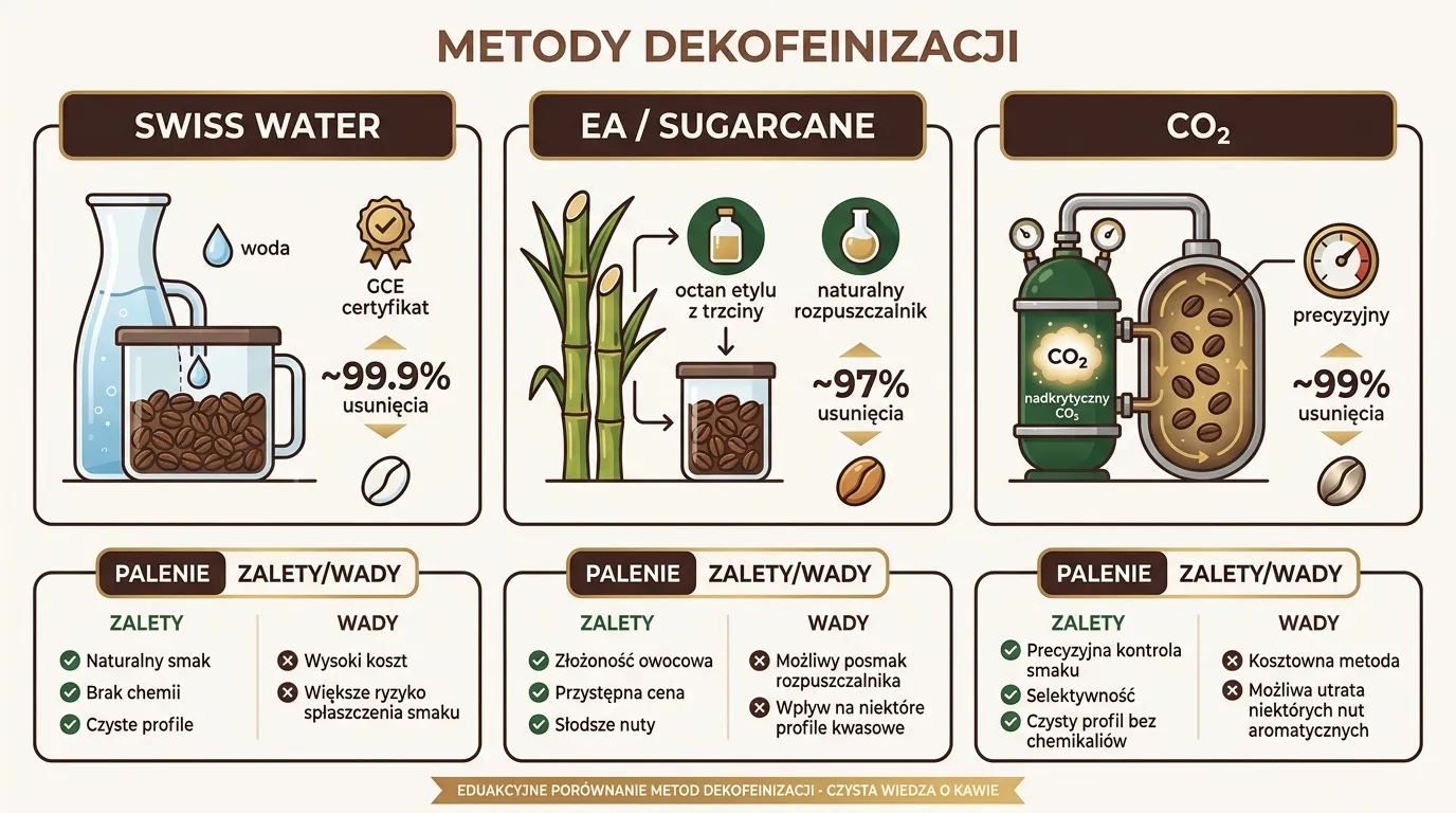 Schemat porównujący metodę Swiss Water i EA (trzcina cukrowa) dekofeinizacji kawy — diagram edukacyjny
