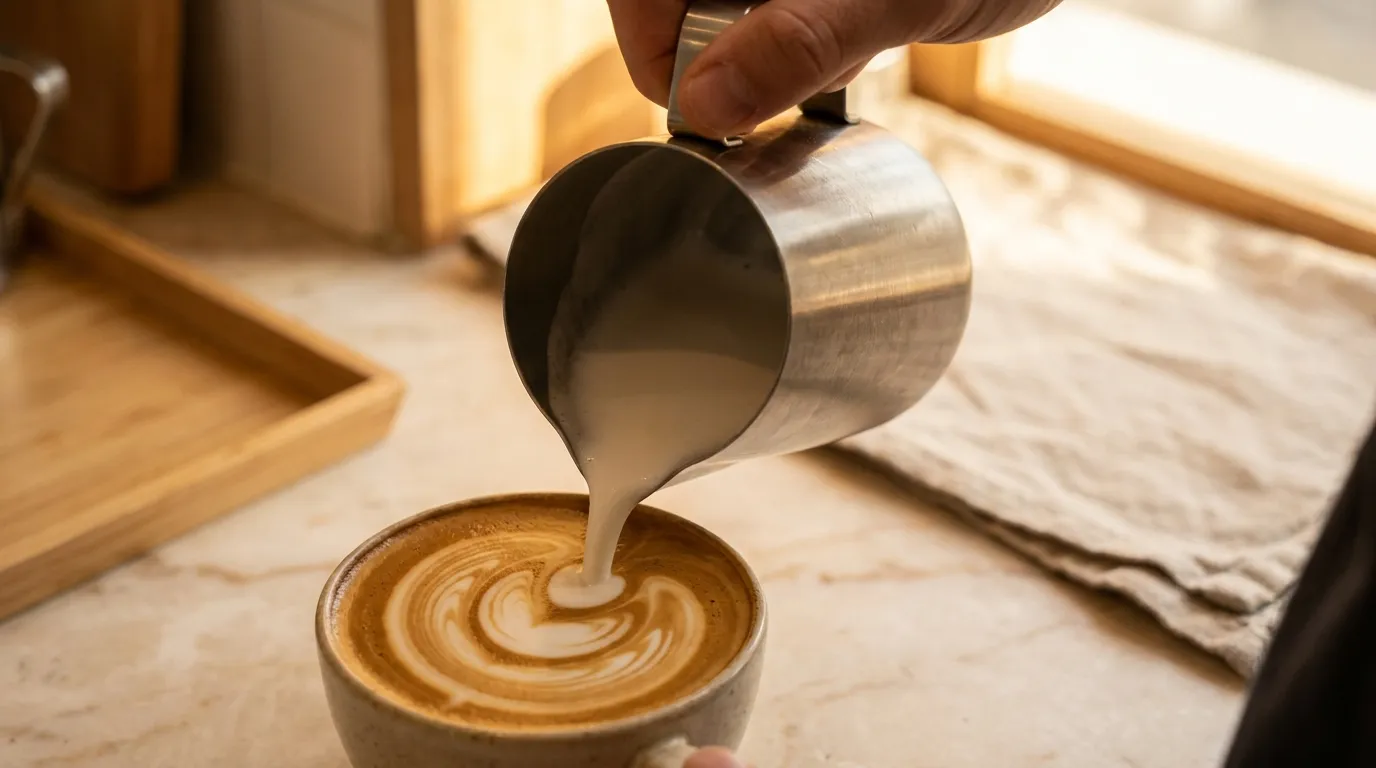 Ręka baristy wylewająca mleko z dzbanka do filiżanki — technika latte art w akcji