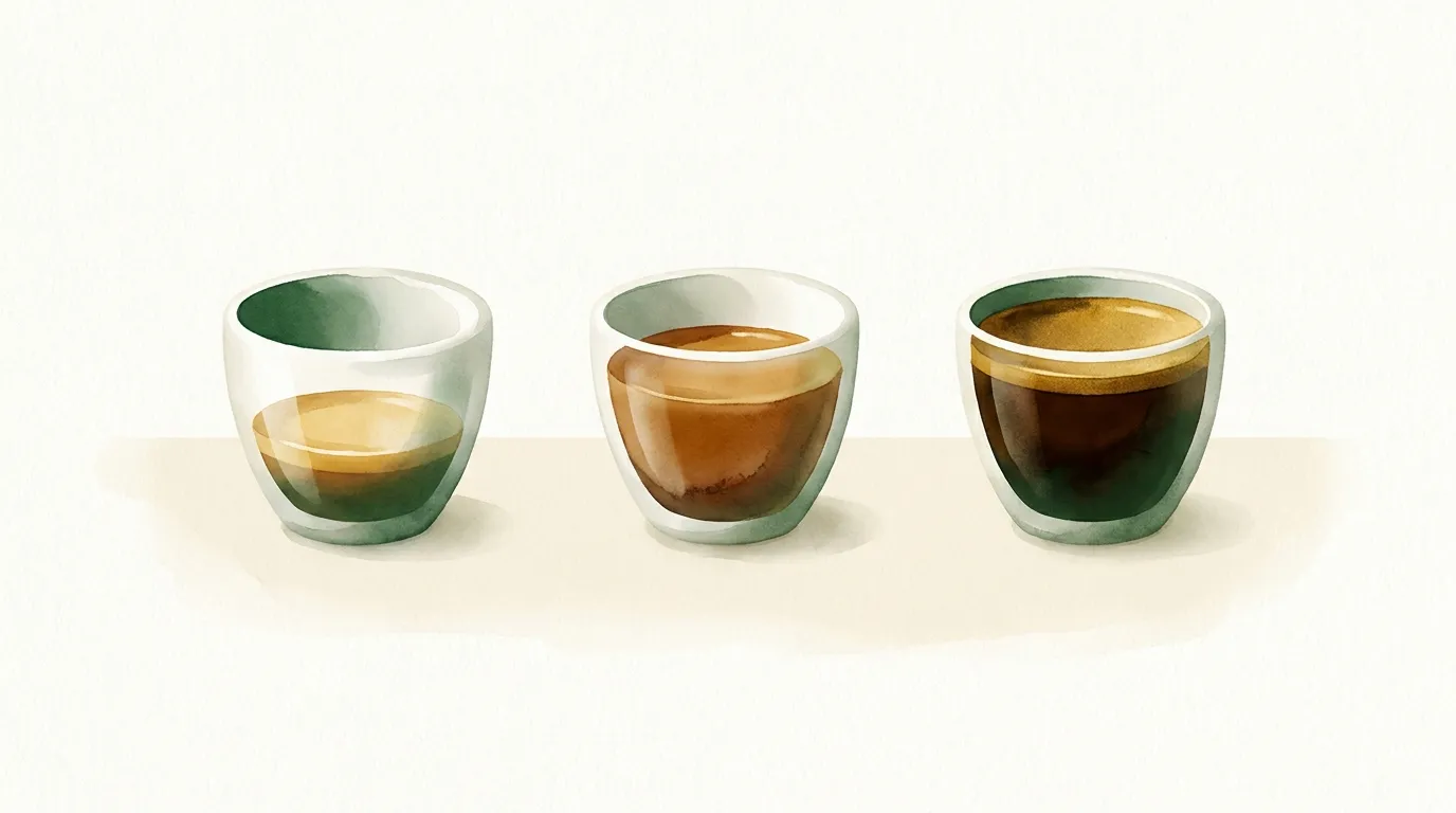 Trzy espresso z tej samej kawy zaparzone w 85, 90 i 93 °C, różna objętość i kolor cremy