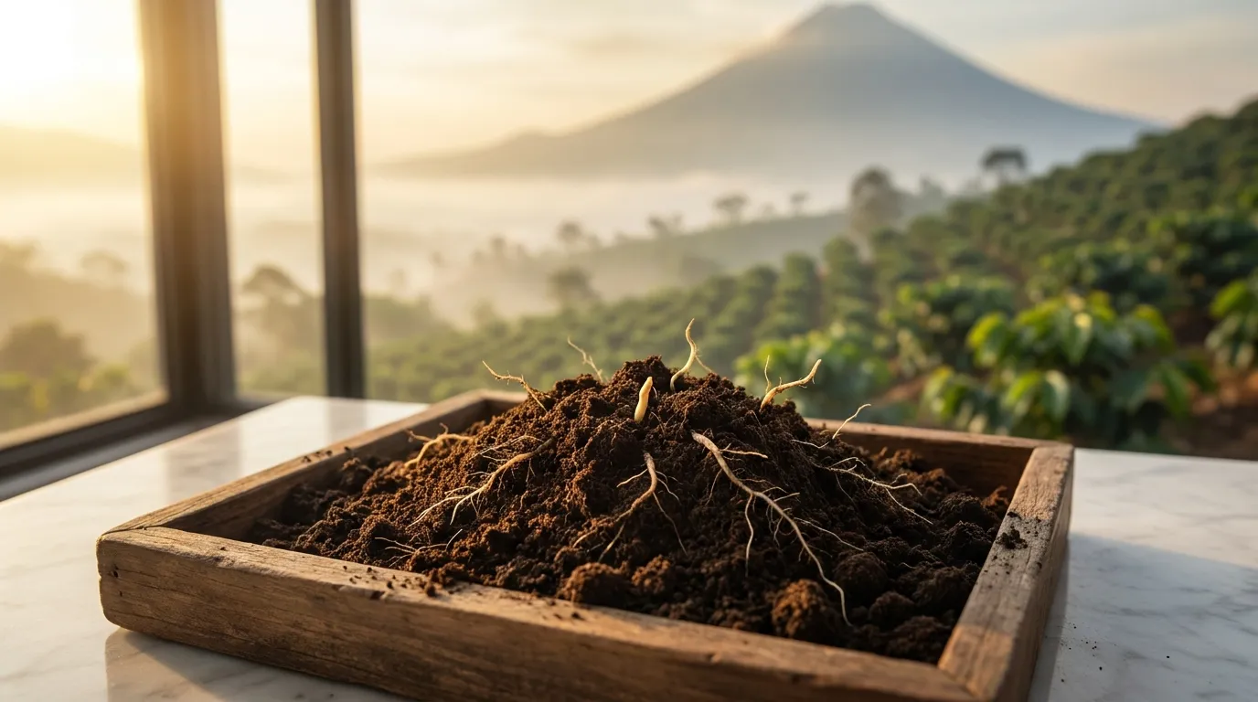 Plantacja kawy w dolinie Antigua z widokiem na wulkan Agua — wulkaniczna gleba o charakterystycznym ciemnoszarym kolorze
