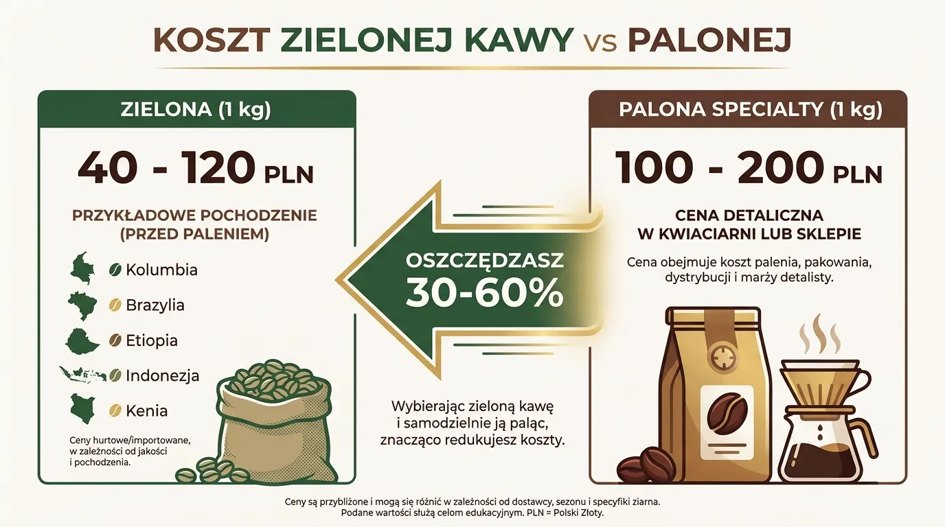 Zielona kawa specialty w brezentowym woreczku na wadze kuchennej — widoczna cena 65 zł za kg na karteczce obok
