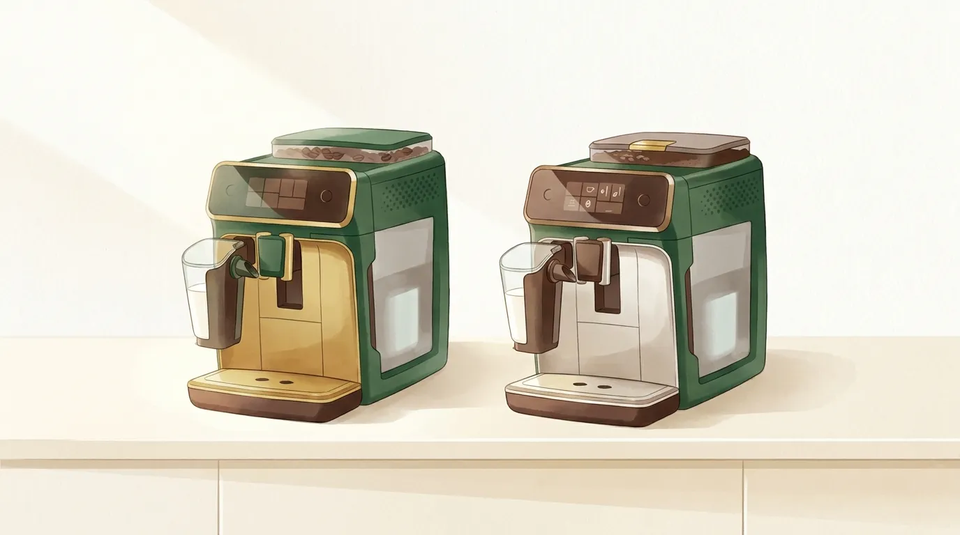 Philips 5400 LatteGo obok Philips 5500 LatteGo na blacie, ten sam korpus i karafka, 5500 z nowszą pokrywą pojemnika na ziarna