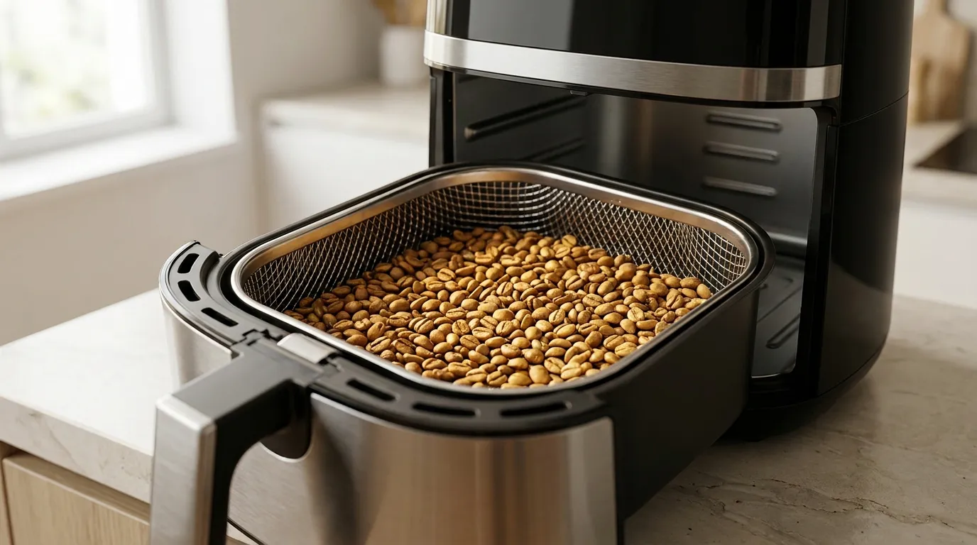 Air fryer z ziarnami kawy w koszyku — palenie kawy metodą konwekcyjną w domu