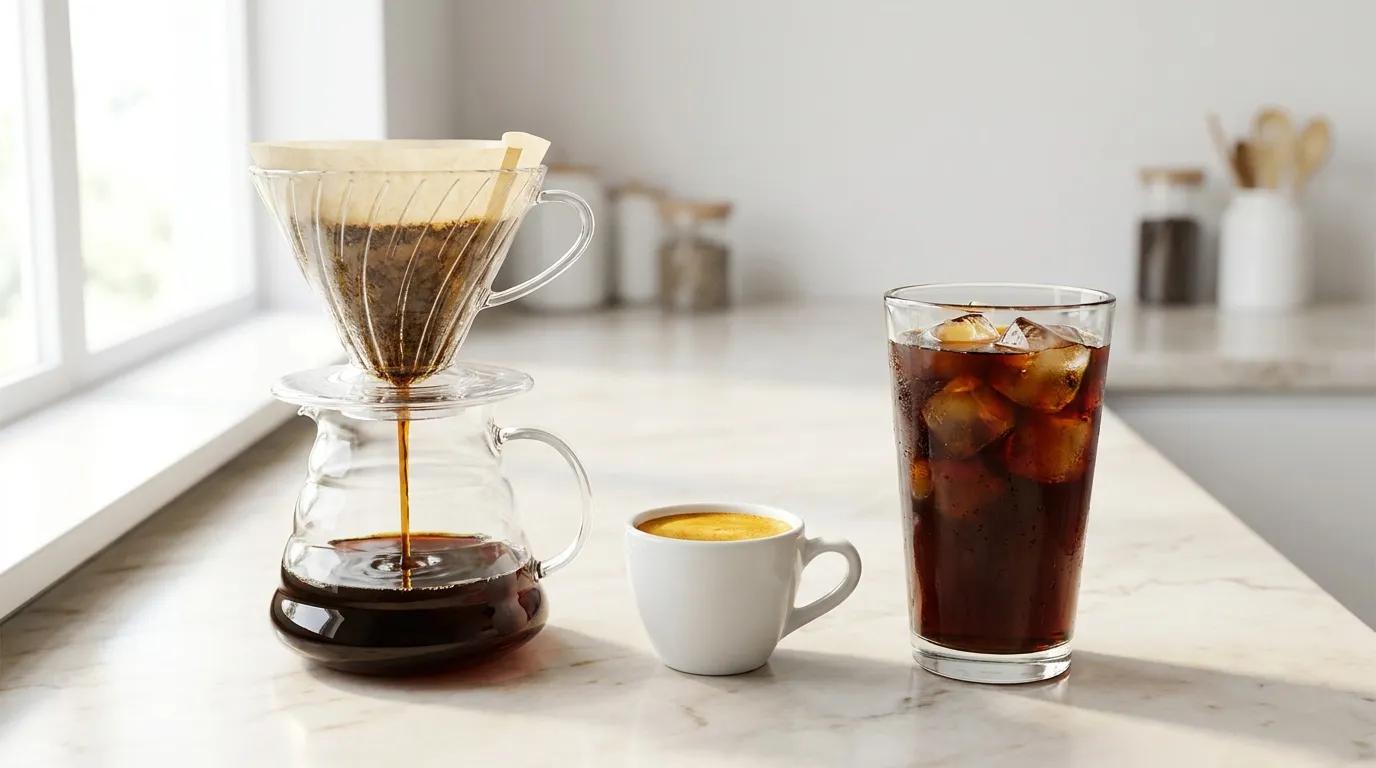 Trzy metody parzenia kawy obok siebie — espresso, drip i cold brew mają różną zawartość kofeiny