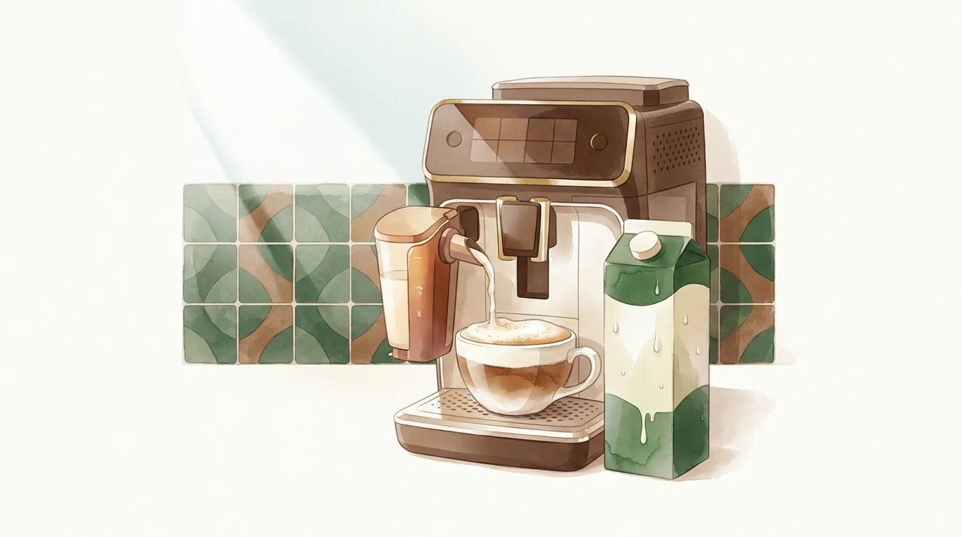Philips LatteGo 5400 spienia mleko do cappuccino, obok karton zimnego mleka wyjęty z lodówki