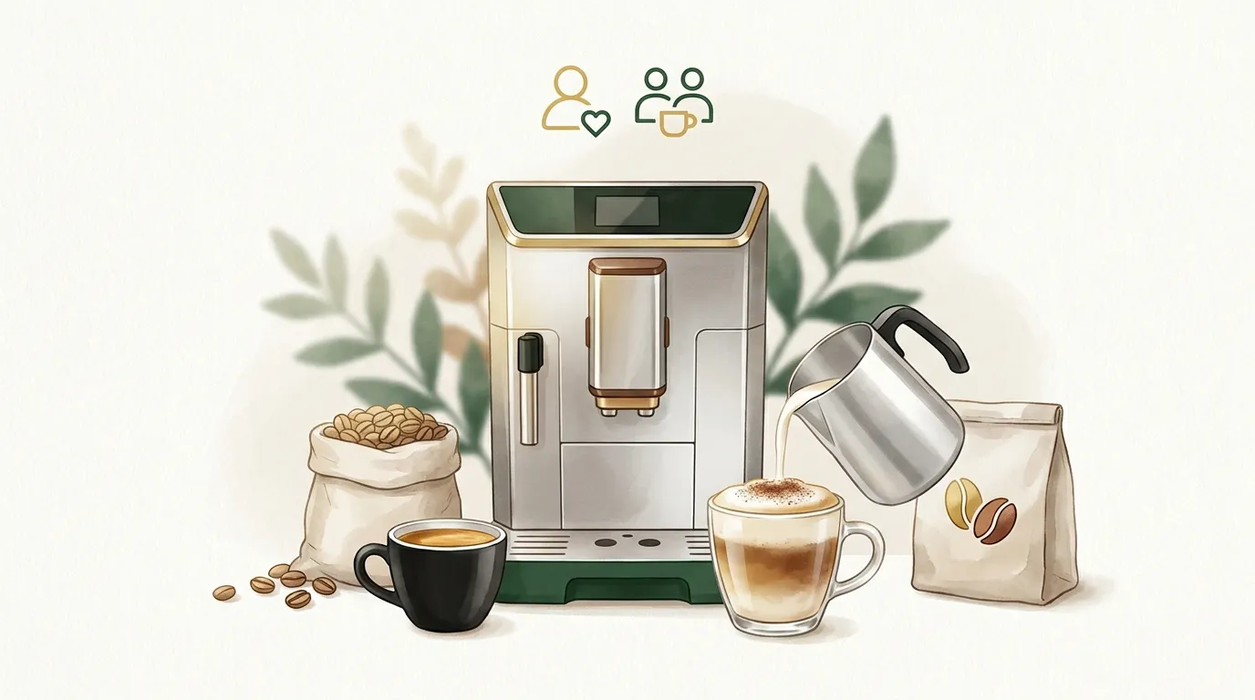 Ekspres automatyczny z dwiema filiżankami: po lewej czarne espresso z paczką jasnobrązowej kawy, po prawej cappuccino z karafki mlecznej z paczką kawy oznaczonej dwoma rodzajami ziaren, nad ekspresem dwa symbole zapisanych profili
