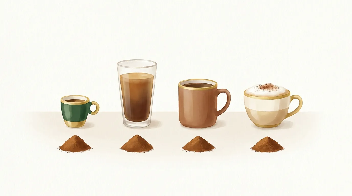Cztery naczynia w rzędzie: mała filiżanka espresso, szklanka lungo, kubek americano i filiżanka cappuccino, pod każdym ta sama mała porcja zmielonej kawy