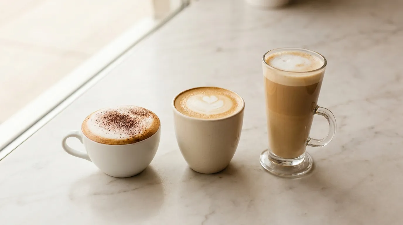 Porównanie cappuccino, flat white i latte w trzech filiżankach — różna ilość pianki i mleka