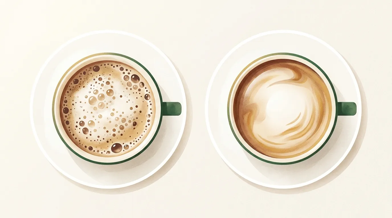 Dwie filiżanki cappuccino obok siebie: po lewej piana z dużymi bąblami z mleka 1,5%, po prawej gęsta mikropiana z mleka pełnego 3,2%