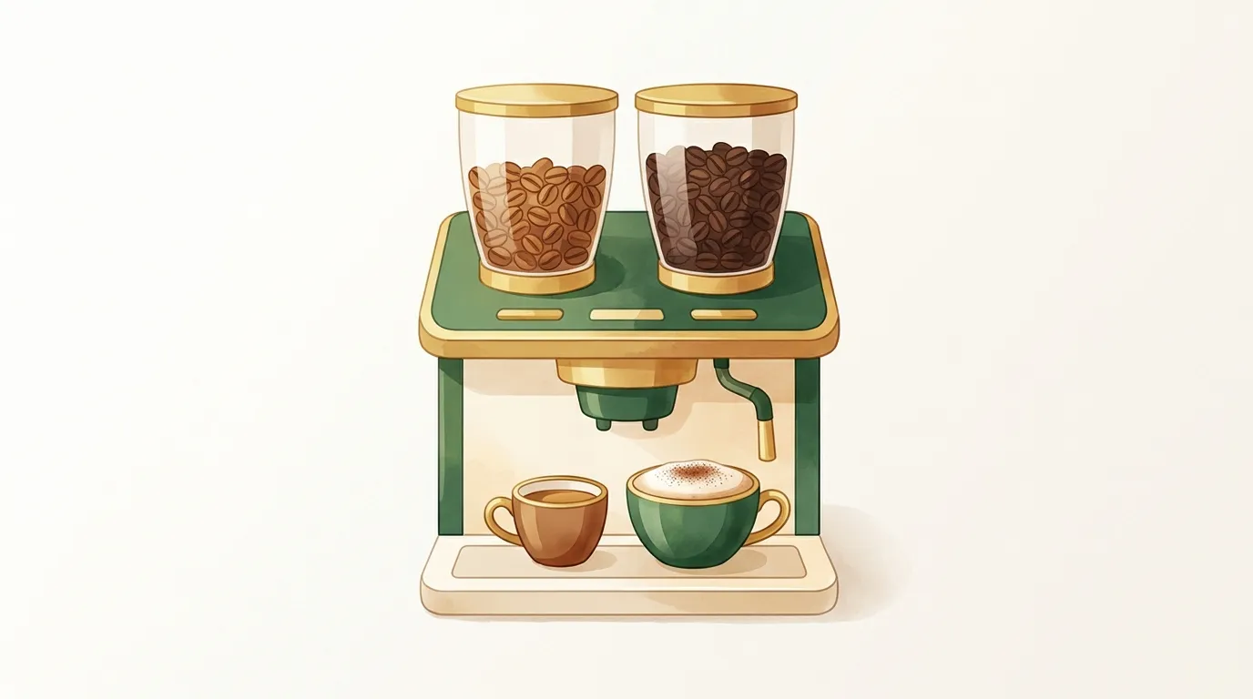Ekspres automatyczny z dwoma pojemnikami na ziarna, jasnymi ziarnami arabiki i ciemniejszym blendem, obok filiżanki espresso i cappuccino