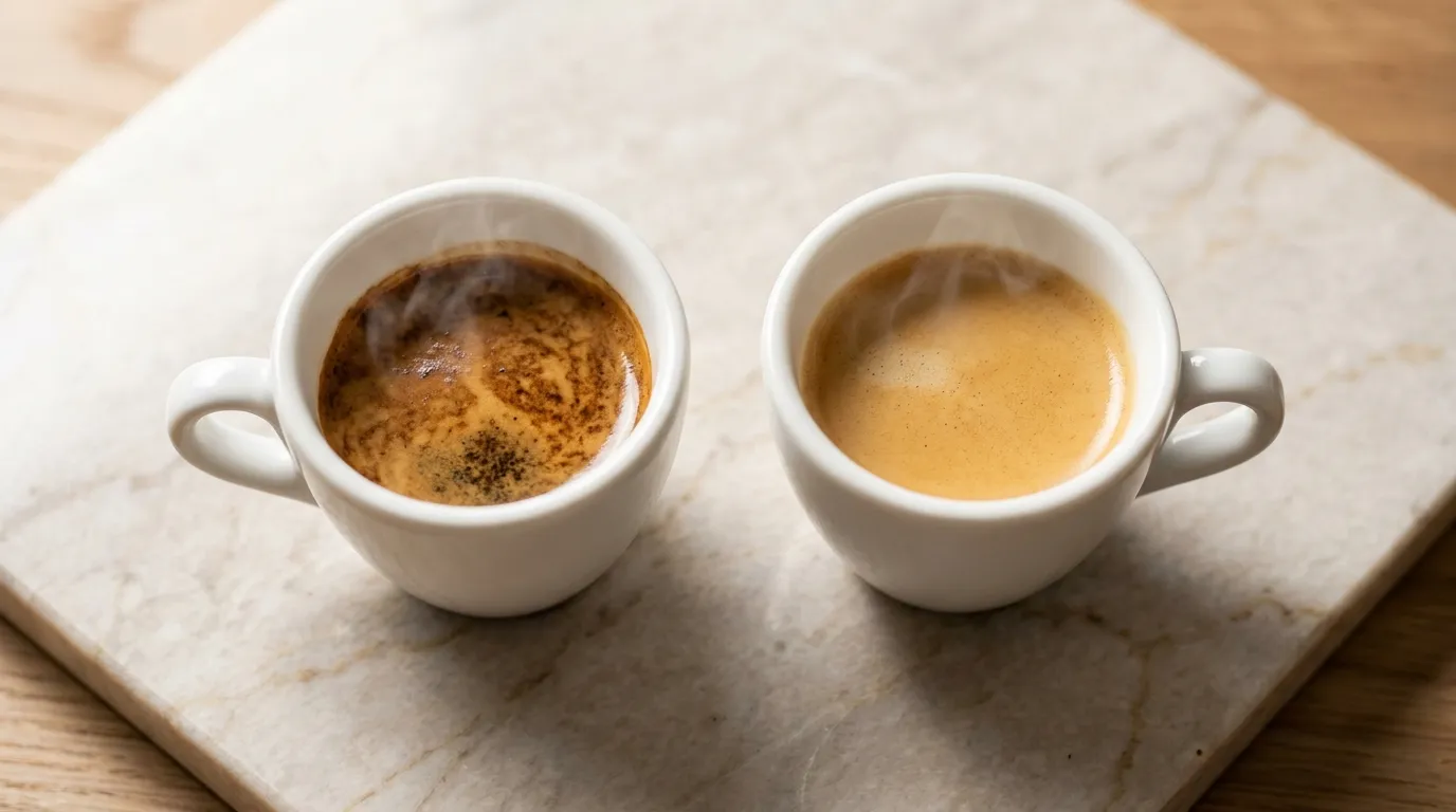 Dwa shoty espresso obok siebie — z kolbowego i automatycznego, różnica w cremie i kolorze
