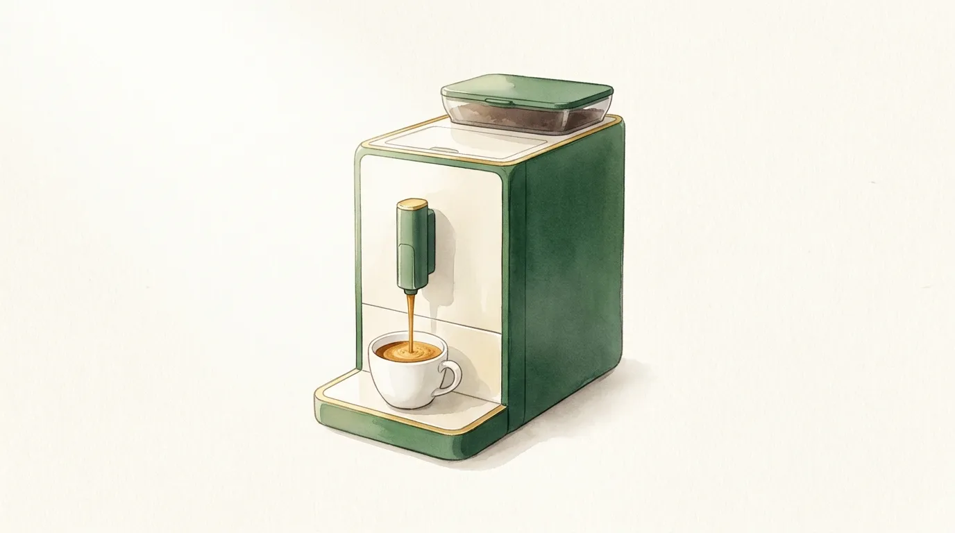 Espresso płynące z ekspresu automatycznego do białej filiżanki, gęsta, orzechowa crema