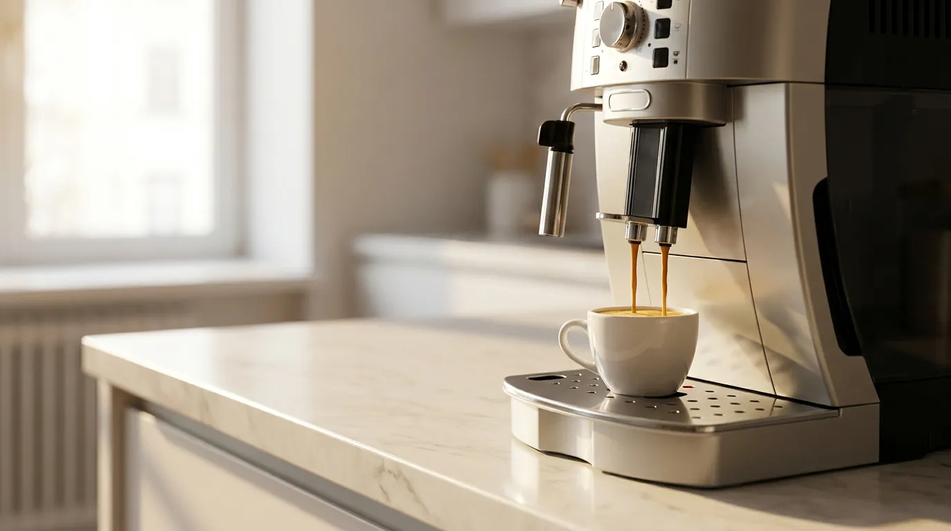 Espresso płynące z DeLonghi Magnifica S do białej filiżanki — gęsta, orzechowa crema