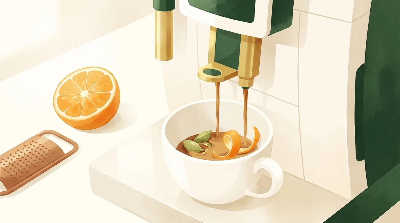 Dwa rozgniecione strąki kardamonu i pasek skórki pomarańczowej w białej filiżance, na którą ekspres automatyczny nalewa espresso, obok połówka pomarańczy